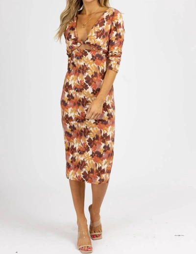 Endless Blu. Ecru Front Twist Midi Dress In Brown In Brown
