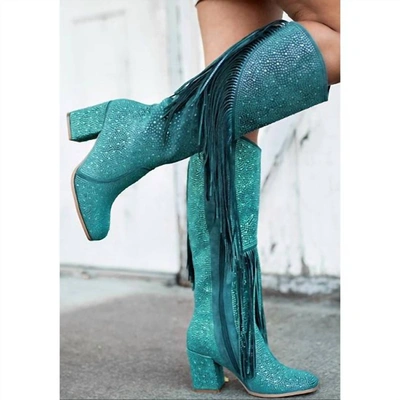 Shop Pierre Dumas Another Chance To Sparkle Rhinestone Fringe Boots In Teal In Blue