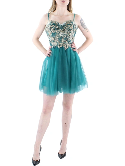 Shop Blondie Nites Juniors Womens Embellished Mini Fit & Flare Dress In Blue