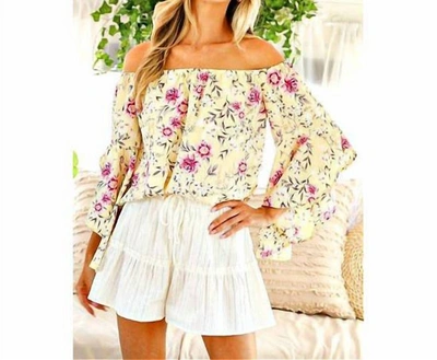 Shop Vine & Love Floral Off Shoulder Top With Bell Sleeves In Yellow