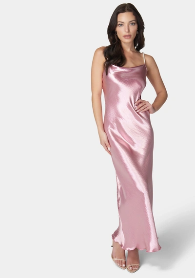 Shop Bebe Hammered Satin Cowl Neck Pearl Strap Maxi Dress In Rose
