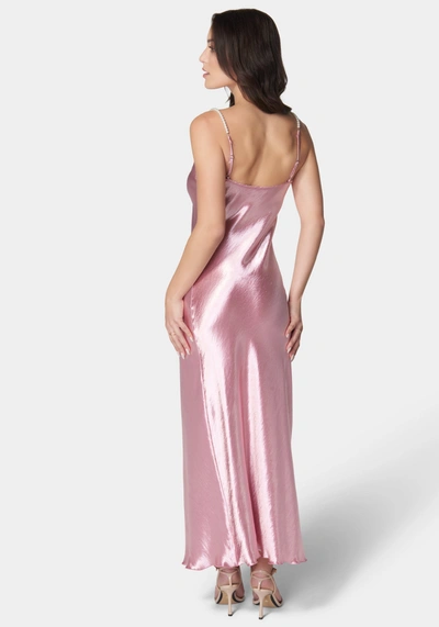 Shop Bebe Hammered Satin Cowl Neck Pearl Strap Maxi Dress In Rose