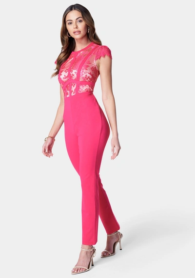 Bebe Caged Lace Catsuit In Raspberry Sorbet