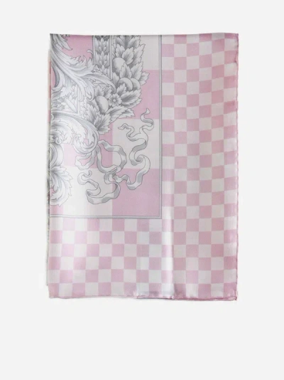 Shop Versace Barocco Damier Silk Scarf In Pastel Pink,white,silver