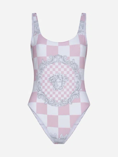 Shop Versace Barocco Damier Print Swimsuit In Pink,white,silver