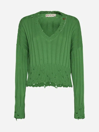 Shop Marni Cotton Cropped Sweater In Moss