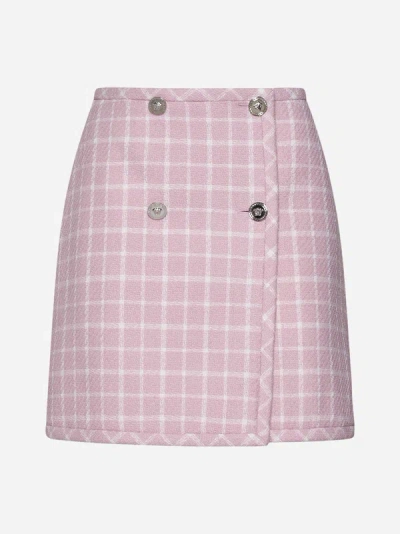 Shop Versace Check Wool-blend Miniskirt In Pastel Pink,white
