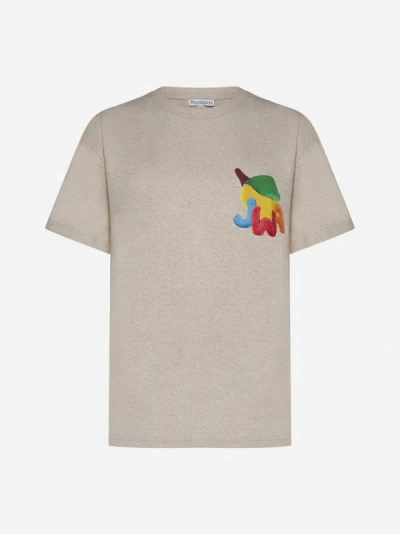 Shop Jw Anderson Logo And Print Cotton T-shirt In Oatmeal Melange