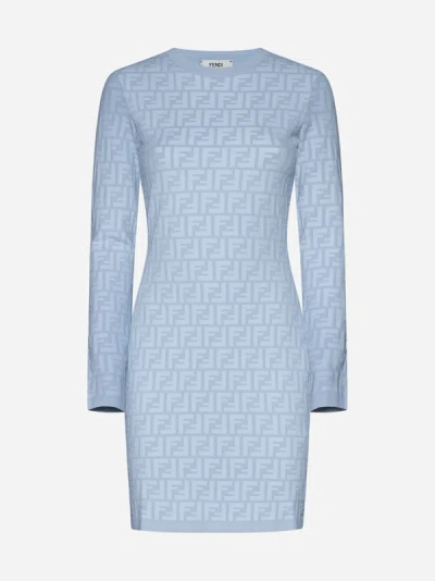 Shop Fendi Ff Viscose-blend Knit Dress In Pale Blue