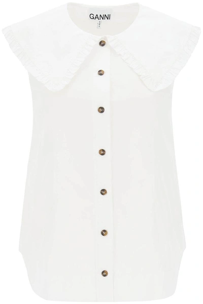 Shop Ganni Sleeveless Shirt With Maxi Collar In White