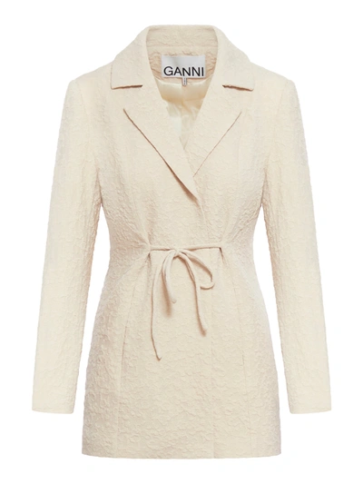 Shop Ganni Beige Textured Suiting Tie String Blazer In Nude & Neutrals