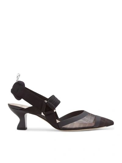 Shop Fendi Colibrì Medium Heel Slingback In Black Mesh And Leather