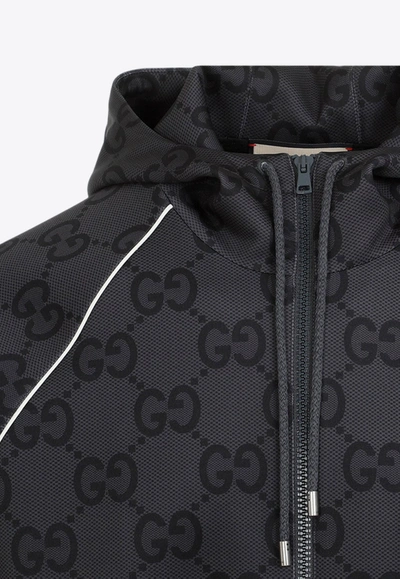 Shop Gucci All-over Logo Zip-up Hooded Sweatshirt In Gray