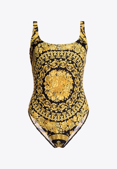 Shop Versace Barocco One-piece Swimsuit In Yellow