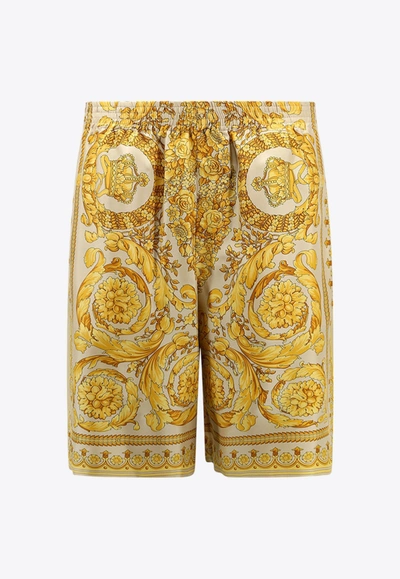 Shop Versace Barocco Silk Shorts In Beige