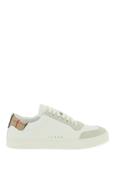 Shop Burberry Check Leather Sneakers Men In White