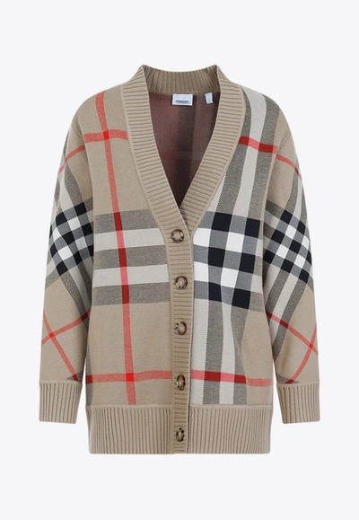 Shop Burberry Caragh Checked Cardigan In Cashmere In Beige