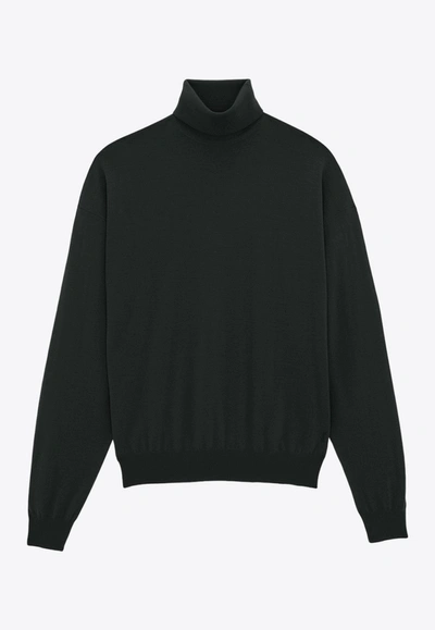 Shop Saint Laurent Cassandre Embroidered Turtleneck Sweater In Black