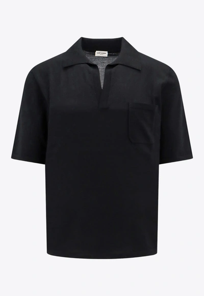 Shop Saint Laurent Cassandre Embroidered Wool Polo T-shirt In Black