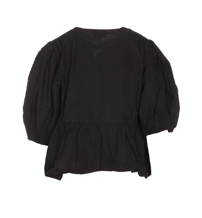 Ganni Poplin Front-tie Peplum Blouse With Puffed-sleeves In Black