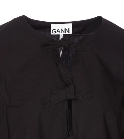Ganni Poplin Front-tie Peplum Blouse With Puffed-sleeves In Black