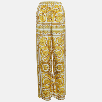 Pre-owned Versace Yellow Barocco Print Crepe Wide Leg Trousers S