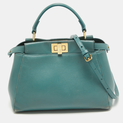 Pre-owned Fendi Teal Blue Leather Mini Peekaboo Top Handle Bag