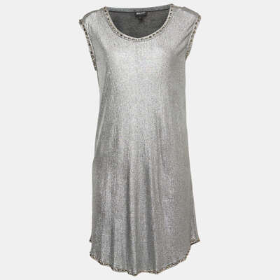 Pre-owned Just Cavalli Metallic Silver Lamé Jersey Metal Embellished Mini Dress S