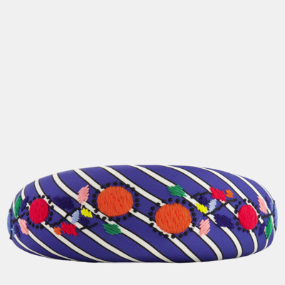 Pre-owned Prada Blue Striped Headband With Embroidery Details