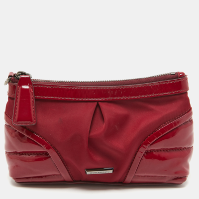 Pre-owned Burberry Burgundy Patent Leather And Nylon Westchester Clutch