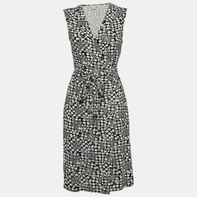 Pre-owned Diane Von Furstenberg Black/white Geometric Print Jersey Midi Wrap Dress L