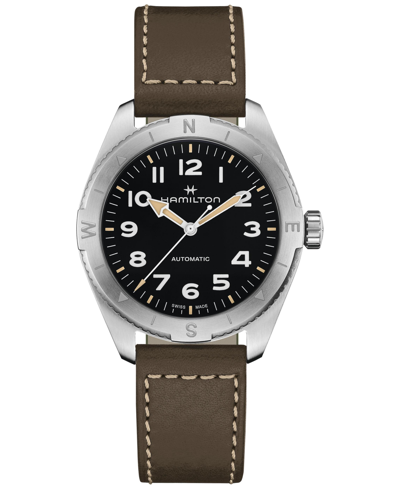 Shop Hamilton Men's Swiss Automatic Khaki Field Expedition Green Leather Strap Watch 41mm
