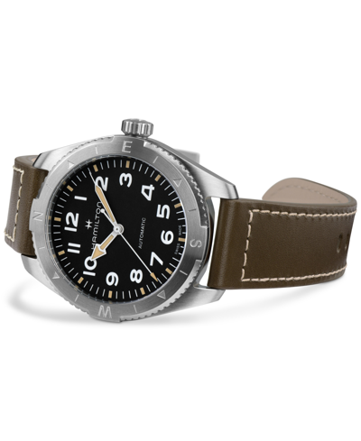 Shop Hamilton Men's Swiss Automatic Khaki Field Expedition Green Leather Strap Watch 41mm