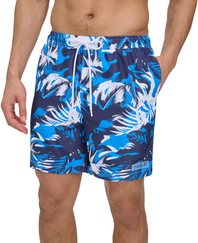 Shop Calvin Klein Men's Island Camo Printed 7" Swim Trunks In Egyptian Blue