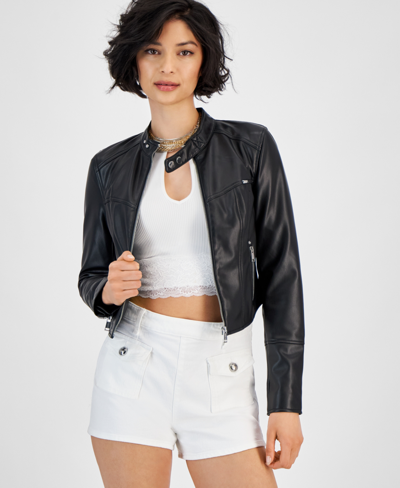 Shop Guess Women's Anita Faux-leather Zip-cuff Jacket In Jet Black Multi
