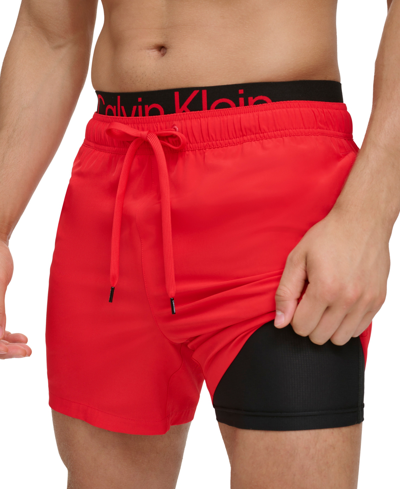 Shop Calvin Klein Men's Logo Elastic Waist Modern Euro 5" Volley Swim Trunks In Red