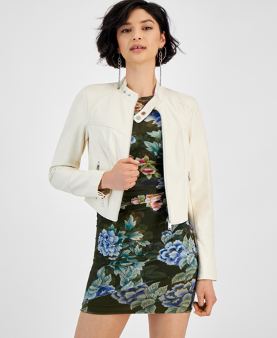 Shop Guess Women's Anita Faux-leather Zip-cuff Jacket In Dove White Multi