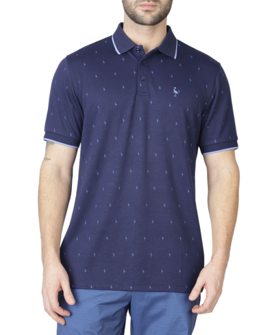 Shop Tailorbyrd Byrd Print Modal Polo Shirt With Rib Cuff And Collar In Navy