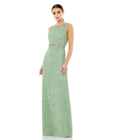 Shop Mac Duggal Women's Sequined Sleeveless Embellished Neckline Gown In Mint