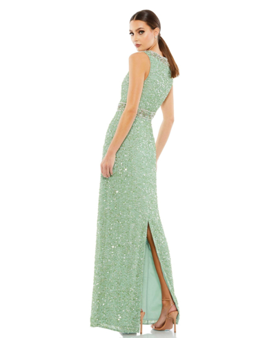 Shop Mac Duggal Women's Sequined Sleeveless Embellished Neckline Gown In Mint