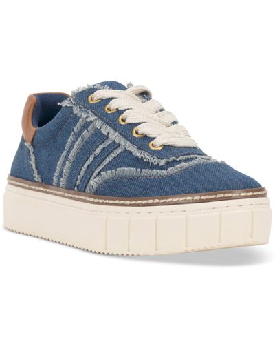 Shop Vince Camuto Reilly Distressed Platform Sneakers In Elemental Indigo Textile