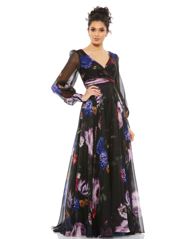 Shop Mac Duggal Women's Floral Print Chiffon Long Sleeve Maxi Dress In Black Multi