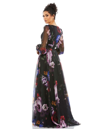 Shop Mac Duggal Women's Floral Print Chiffon Long Sleeve Maxi Dress In Black Multi