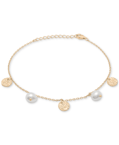Shop Macy's Cultured Freshwater Pearl (6-7mm) & Textured Disc Charm Bracelet In 14k Gold-plated Sterling Silver In Gold Over Silver