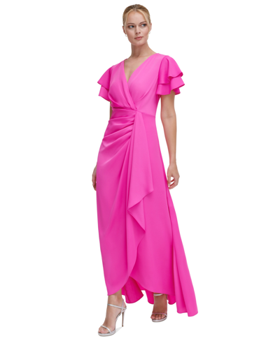Shop Dkny Women's Double Flutter-sleeve Cascading Gown In Power Pink