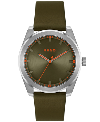 Shop Hugo Men's Bright Quartz Olive Leather Watch 42mm