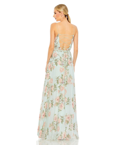 Shop Mac Duggal Women's Embellished Lace Up Sleeveless Gown In Mint Multi