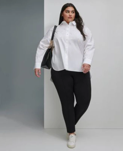 Shop Karl Lagerfeld Womens Plus Size Imitation Pearl Blouse Zipper Hem Leggings In Black