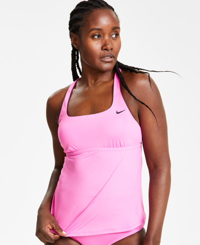 Shop Nike Women's Essential Square Neck Racerback Tankini Top In Playful Pink