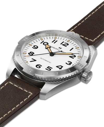 Shop Hamilton Men's Swiss Automatic Khaki Field Expedition Brown Leather Strap Watch 41mm